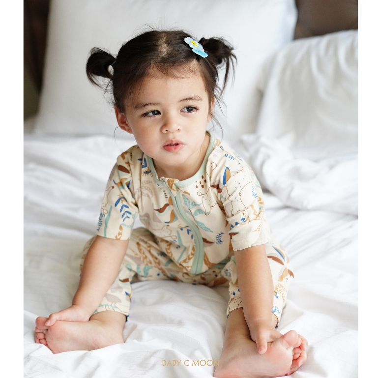 BABY C MOON Short Sleeves Zipper Romper ชุดนอนชุดเที่ยวชุดเดียวกัน ชุดหมีซิปสองทาง