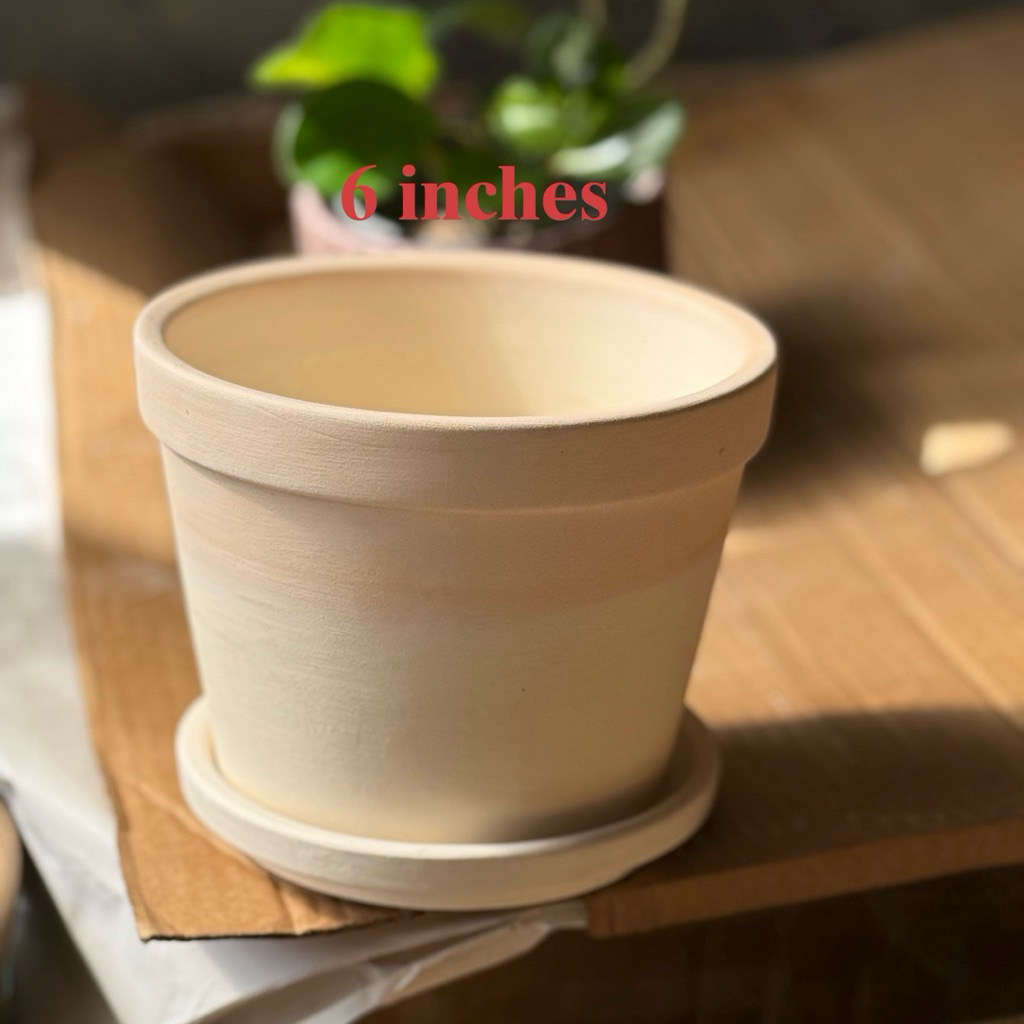 กระถางดินเผาทรงขอบ ขนาด 6 นิ้ว พร้อมจานรอง