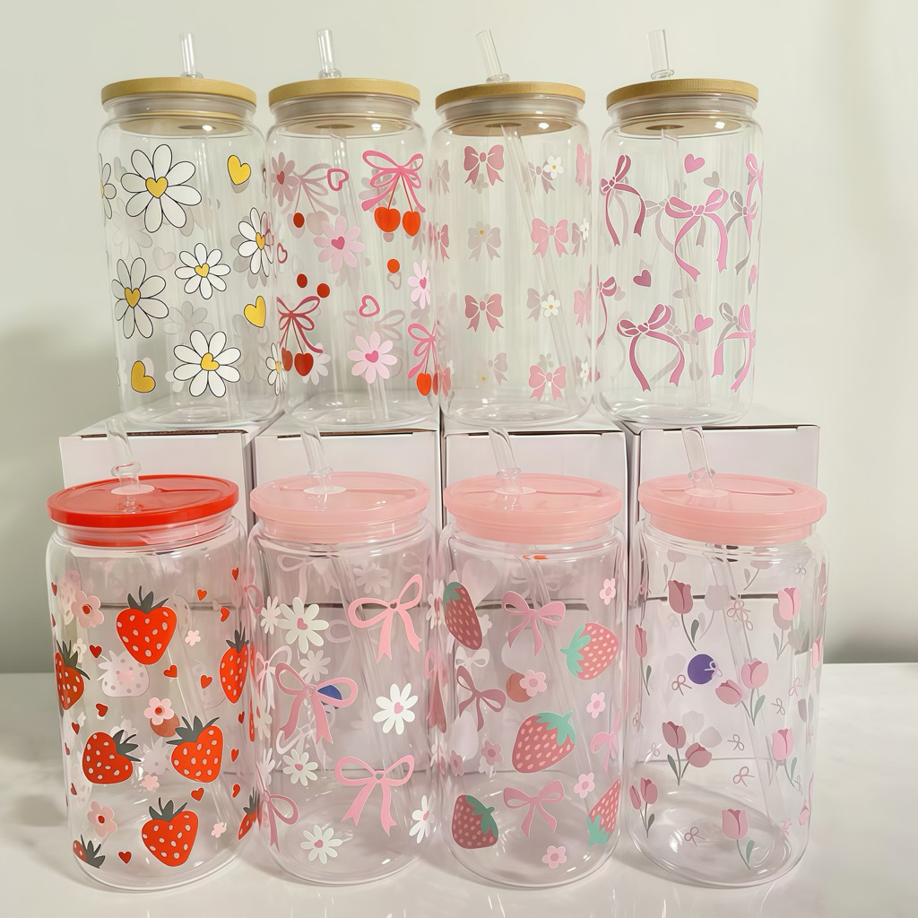 แก้วน้ำ (แถมหลอด) 500ml ฝาปิดแน่น ลายดอกไม้ สีชมพู น่ารัก สไตล์เกาหลี พร้อมส่ง
