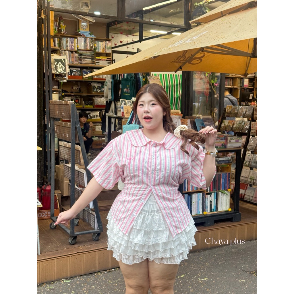 RAYNE.CLOSET | Pinkpie Top - เสื้อคอบัวลายริ้วสีชมพู มีเชือกผูกหลัง (อก40-52“) - รูปที่ 5