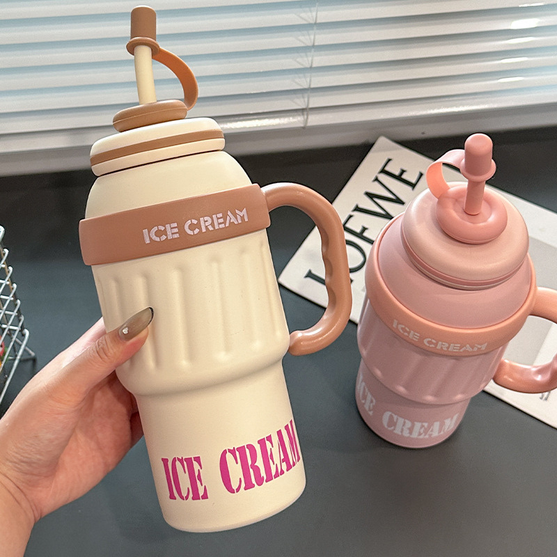 ice cream-bully แก้วเก็บความเย็น 1000 ml. สแตนเลส 304 เก็บเย็น พร้อมหลอดซิลิโคน Food Grade พร้อมด้ามจับ B0226