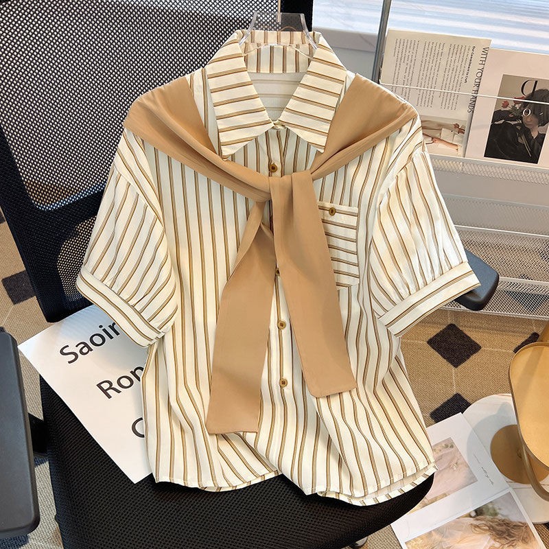 เสื้อเชิ้ตแขนสั้นลายทางปลอมสองชิ้นดีไซน์เก๋ไก๋ช่วงฤดูร้อน 2025 แฟชั่นใหม่ทั้งตัวเสื้อและเสื้อเชิ้ต - รูปที่ 2