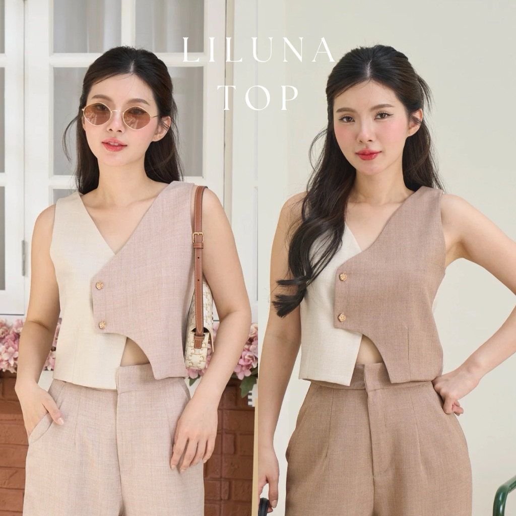 LILUNA TOP (เฉพาะเสื้อ) เสื้อแขนกุดคอวีทูโทนสองสีแต่งกระดุมกุหลาบและเว้าโค้งที่ปลายเสื้อที่ไม่เหมือนกัน