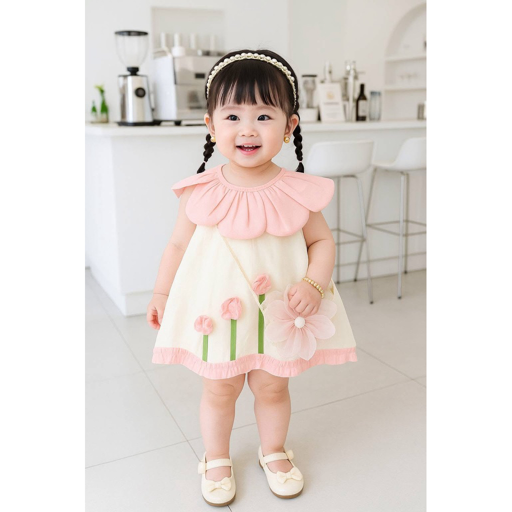 พร้อมส่ง ชุดเดรสเด็กหญิง ดอกไม้ชมพูละมุนละไม+ กระเป๋า