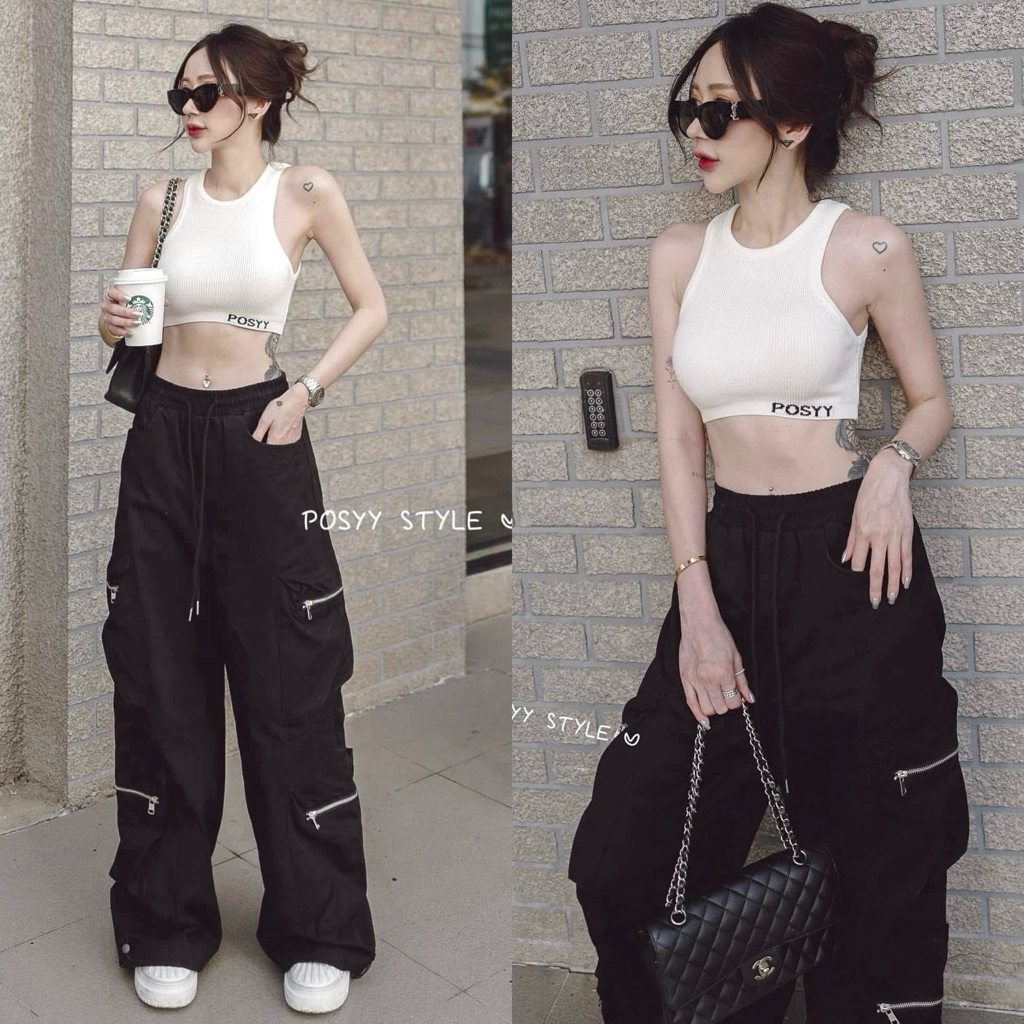 🔥🔥 Possy Style งานตามหา หายากมากก ทั้งชุด มือ1 ป้ายห้อย ☑️ - Set เสื้อกล้ามครอป + กางเกงคาร์โก้ซิป 🖤