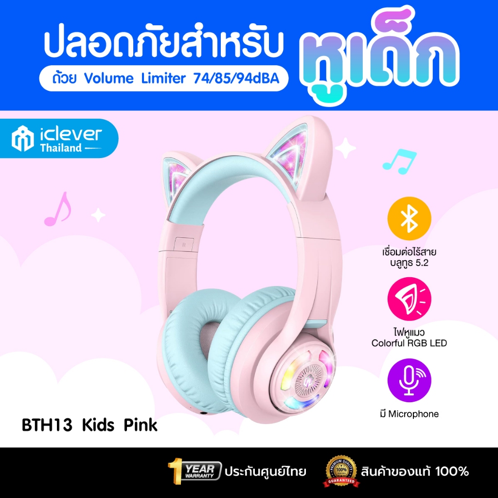 [มีปุ่มจำกัดเสียงสำหรับเด็ก] หูฟังเด็ก iClever BTH13 Kids Headphones BT หูฟังครอบหู หูฟังสำหรับเด็ก