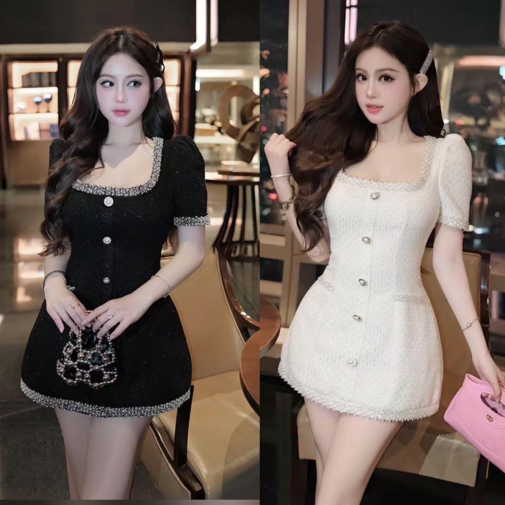 Stylista เดรสสั้นสีขาวครีมผ้าทวีตสุดหรู ที่มาพร้อมดีไซน์สุดเฟมินีน เน้นหุ่นสวยแบบมีระดับ