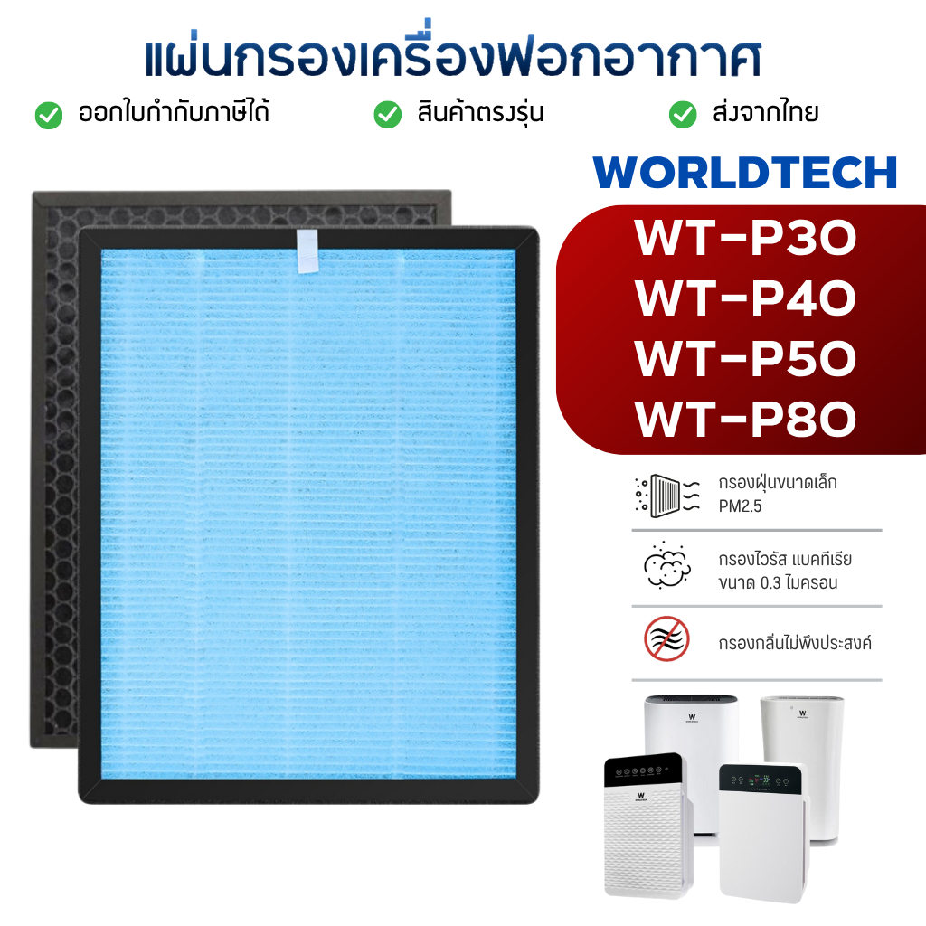 แผ่นกรองอากาศ Worldtech รุ่น WT-P30 , WT-P40 , WT-P50 , WT-P80 ไส้กรอง หนา 4 ชั้น กรอง PM2.5 HEPA H1