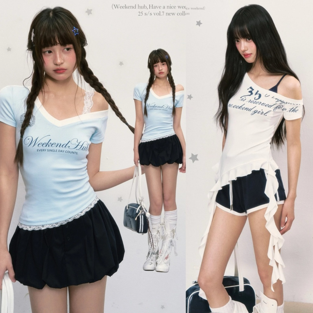 weekendhub| พร้อมส่ง tee เสื้อปาดไหล่ข้าง white/blue (โค้ดลด20-25%) จากช็อปแท้💯