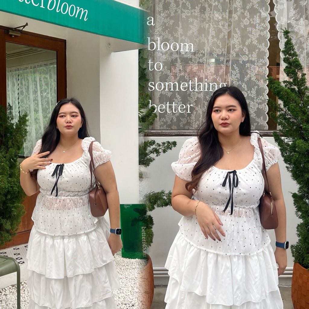 [อก 38-48” ]เสื้อแขนตุ๊กตาลายจุด สาวอวบ Polka dot lace top 🤍🖤