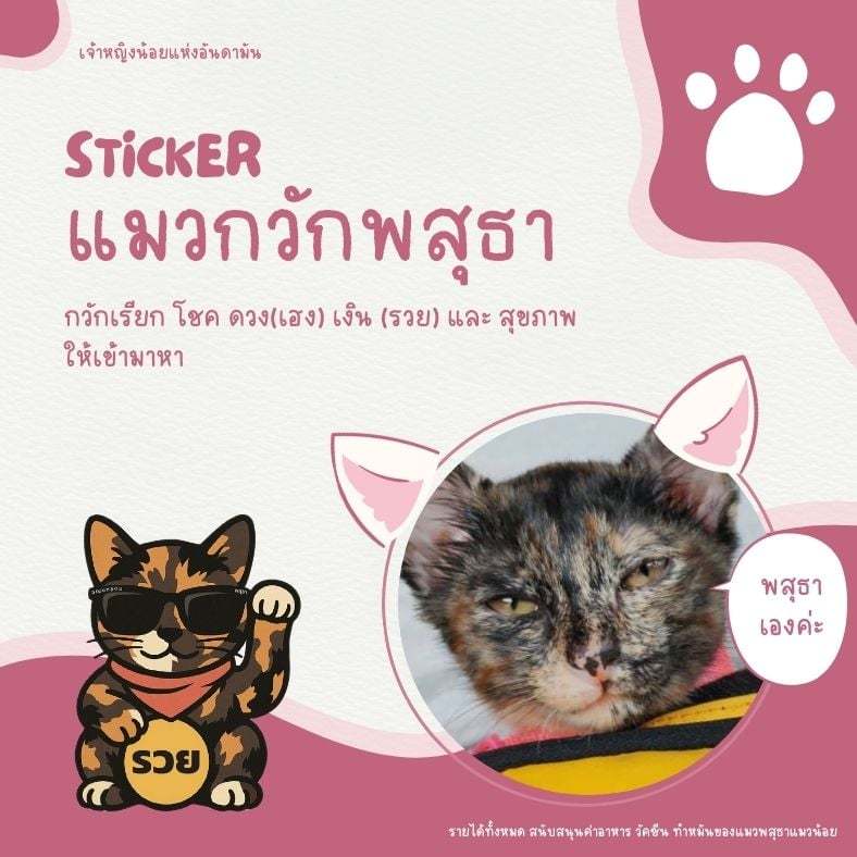 สติ๊กเกอร์ แมวกวักพสุธา เรียกโชค เงิน สุขภาพ ด้วยพลังกวักของแมวเปรอะ
