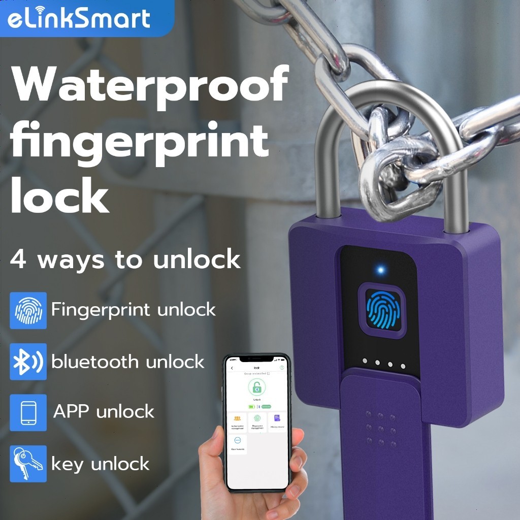 Fingerprint Padlock Bold Stainless Steel Anti-theft Keyed Bluetooth APP iOS Watch Waterproof Purple