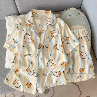 🎀ชุดนอนผ้าไหมญี่ปุ่น🎀 ชุดนอนแฟชั่น เสื้อแขนสั้น กางเกงขาสั้น ลายการ์ตูนน่ารัก ผ้านุ่มเกรดพรีเมียมr
