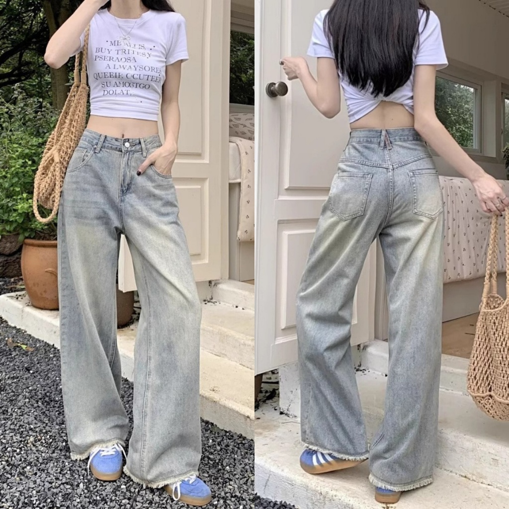 Blossom Closet💙กางเกงยีนส์ผู้หญิง สไตล์เกาหลี ขอบดิบ ทรงหลวม ลำลอง