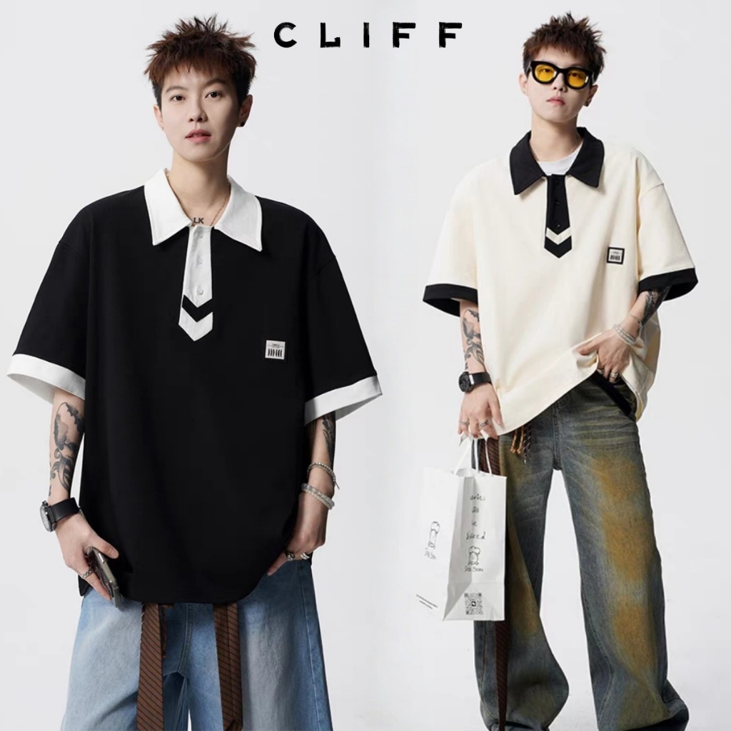 CLIFF แบรนด์ยอดนิยม เสื้อโปโล สไตล์วิทยาลัย สีต่อ ฤดูร้อนสไตล์อเมริกัน แฟชั่นแมทช์ง่าย
