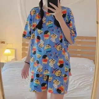 3366 Mmeimei ชุดนอนแขนสั้น-ขาสั้นผ้ายืด ผ้าพิมพ์ลายการ์ตูนน่ารักๆ ใส่สบาย ราคาไม่แพง (สินค้าพร้อมส่ง)