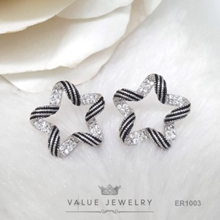 ต่างหูแป้น ประดับคริสตัลกลม เกลียวลายดำ รูปดาว ขนาดพอเหมาะ ต…