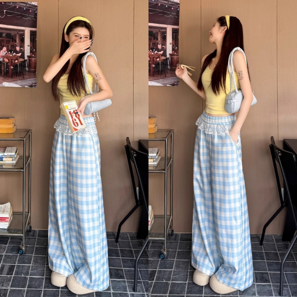 Blossom Closet🐬กางเกงลายสก็อตผู้หญิง กางเกงลำลอง สไตล์เกาหลี ขอบลูกไม้ เอวสูง สไตล์สาวหวาน