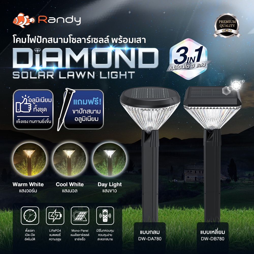 RANDY SolarLawnLight โคมไฟสนามพลังงานแสงอาทิตย์ ปรับแสงได้ 3สี IP65 ประกัน2ปีใช้