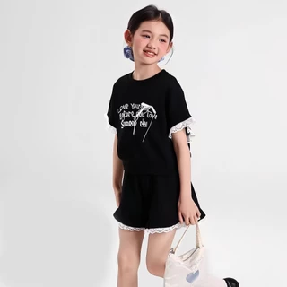 ชุดสูทเด็กผู้หญิง น่ารัก เสื้อยืดคอกลม พิมพ์ลายตัวอักษร กางเกงขาสั้นขากว้าง สไตล์เกาหลี 2-12 ปี