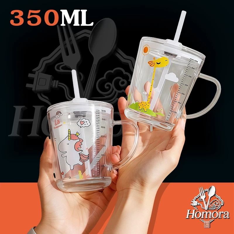 ถ้วยน้ําขนาด, ถ้วยตวงแก้วมิลลิลิตร, 350 มล., อุ่นได้, ทนต่ออุณหภูมิสูง, มีฝาปิด, พร้อมหลอดดูด, ถ้วยนมผงการ์ตูน, ถ้วยฟาง