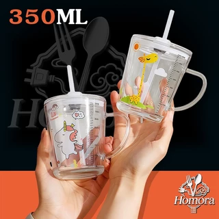 ถ้วยน้ําขนาด, ถ้วยตวงแก้วมิลลิลิตร, 350 มล., อุ่นได้, ทนต่ออุณหภูมิสูง, มีฝาปิด, พร้อมหลอดดูด, ถ้วยนมผงการ์ตูน, ถ้วยฟาง