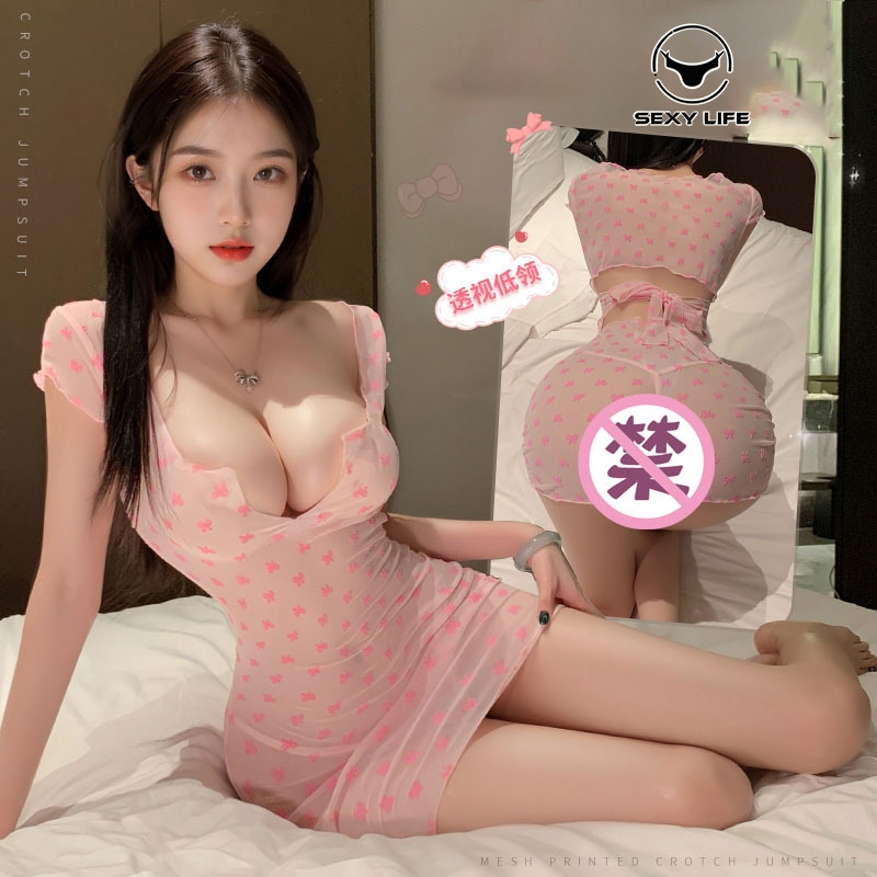 ชุดนอน sliptosleep  คอวีซีทรู ผูกหลัง ลายโบว์สีชมพู  แขนสั้นทรงเข้ารูป น่ารักและเซ็กซี่  ชุดอ่อยแฟน