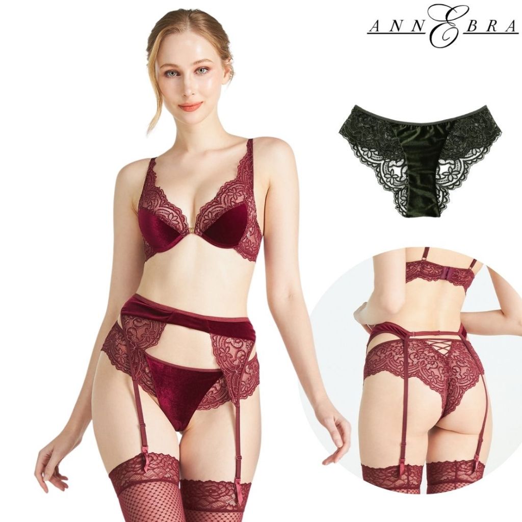 Annebra กางเกงใน ทรงบิกีนี่ ผ้ากำมะหยี่ยืดตัดต่อลูกไม้ยืด Bikini Velvet Lace Panty รุ่น AU3-037