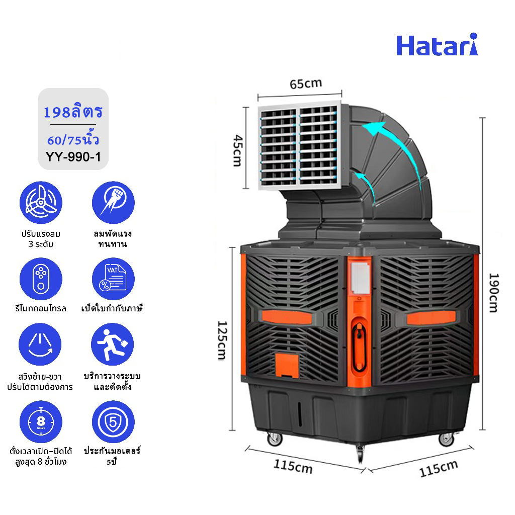 พัดลมไอเย็น Hatari บรรจุเก็บน้ำ 198ลิตร 60/75นิ้ว พัดไกล 18เมตร พื้นที่ 200-500㎡ พัดลมยักษ์ ประกันมอ