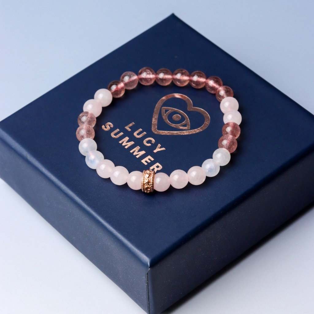 LUCYSUMMER Rose Quartz + Strawberry + Moonstone กำไลข้อมือหินแท้ 6/8mm จี้ตัวคั่น Spacer เงินแท้