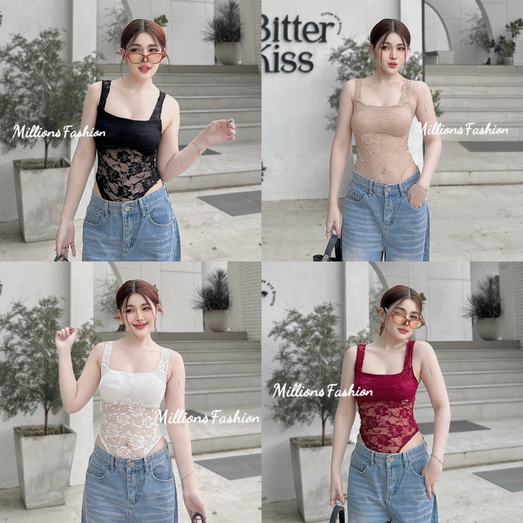 ✨Kaidee99✨ บอดี้สูท กล้าม คอเหลี่ยม ผ้าลูกไม้ เสริมฟองน้ำ มีแป๊กเป้า