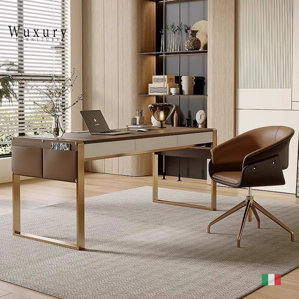 Wuxury Furniture โต๊ะทำงาน modern luxury ขาสแตนเลสทอง หุ้มหนัง จัดส่งฟรี