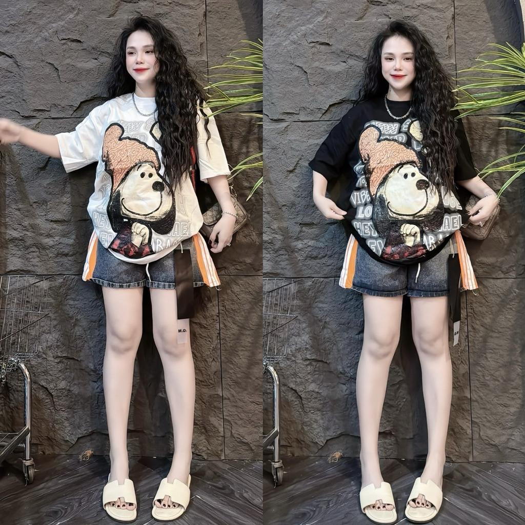 Set 2ชิ้น เสื้อยืดลายน้องหมาใส่หมวก กางเกงขาสั้น (ผ้ายีนส์เทียม