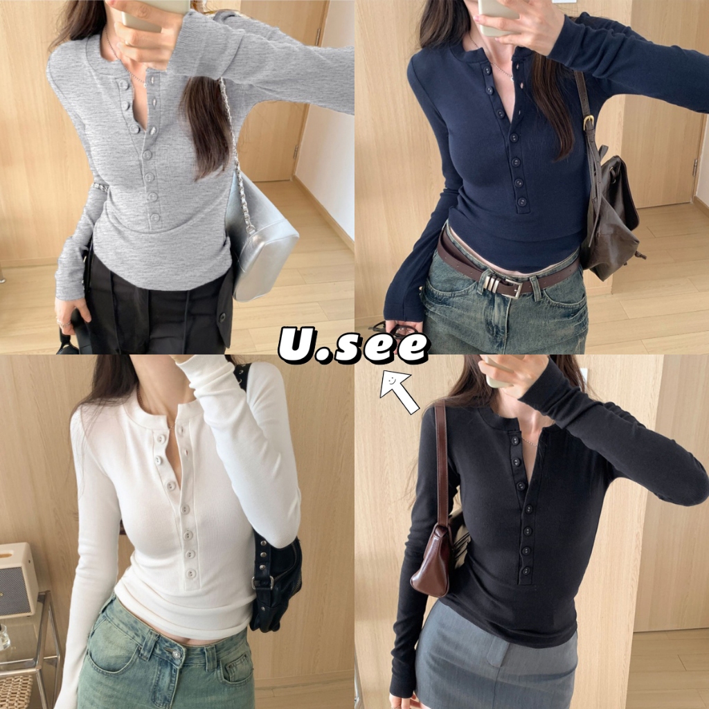 เสื้อครอป เสื้อยืดกระดุม ใส่กระดุมหน้า ผ้ายืดได้ คอกลม#2339