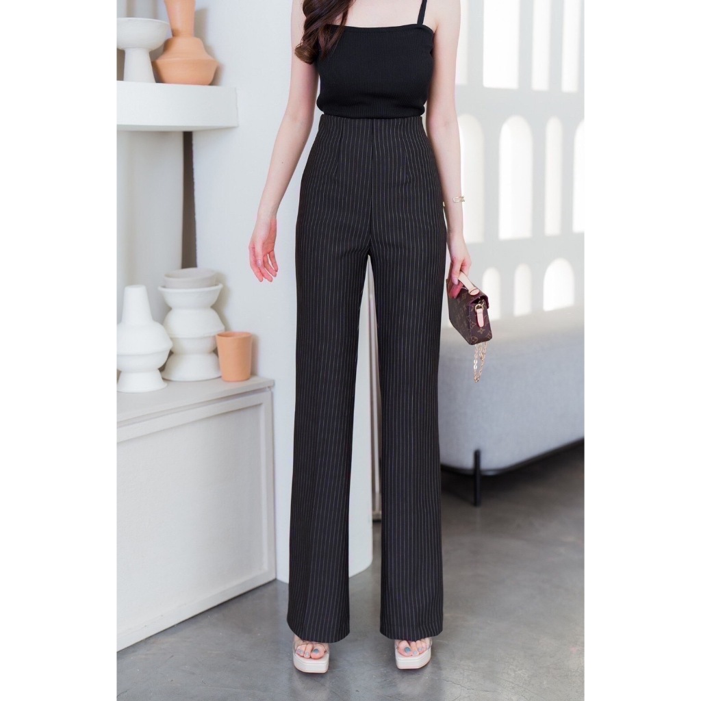 L0013  Beer&Oil กางเกงขายาวเอวสูงขาม้า ผ้าโรเชฟ งานซิปหลัง ลายริ้ว