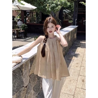 [Sheing office]🌟พร้อมส่ง🌟เสื้อเชิ้ตแขนกุดผูกโบว์คอฮอลเตอร์สำหรับผู้หญิง เรียบง่ายและสวมใส่สบาย