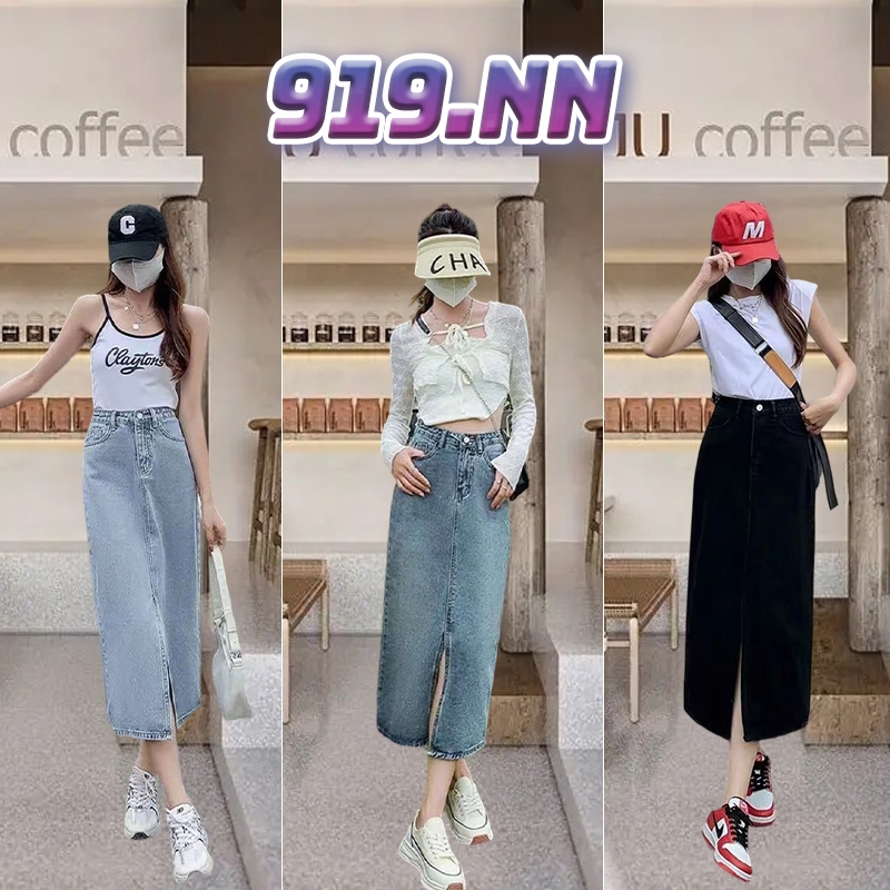 🔥919nn🔥กระโปรงยีนส์ผ่าหน้าทรงเอวสูง กระโปรงยีนส์ยาว ผ่าหน้าทรงเอวสูง SIZE S-XXL