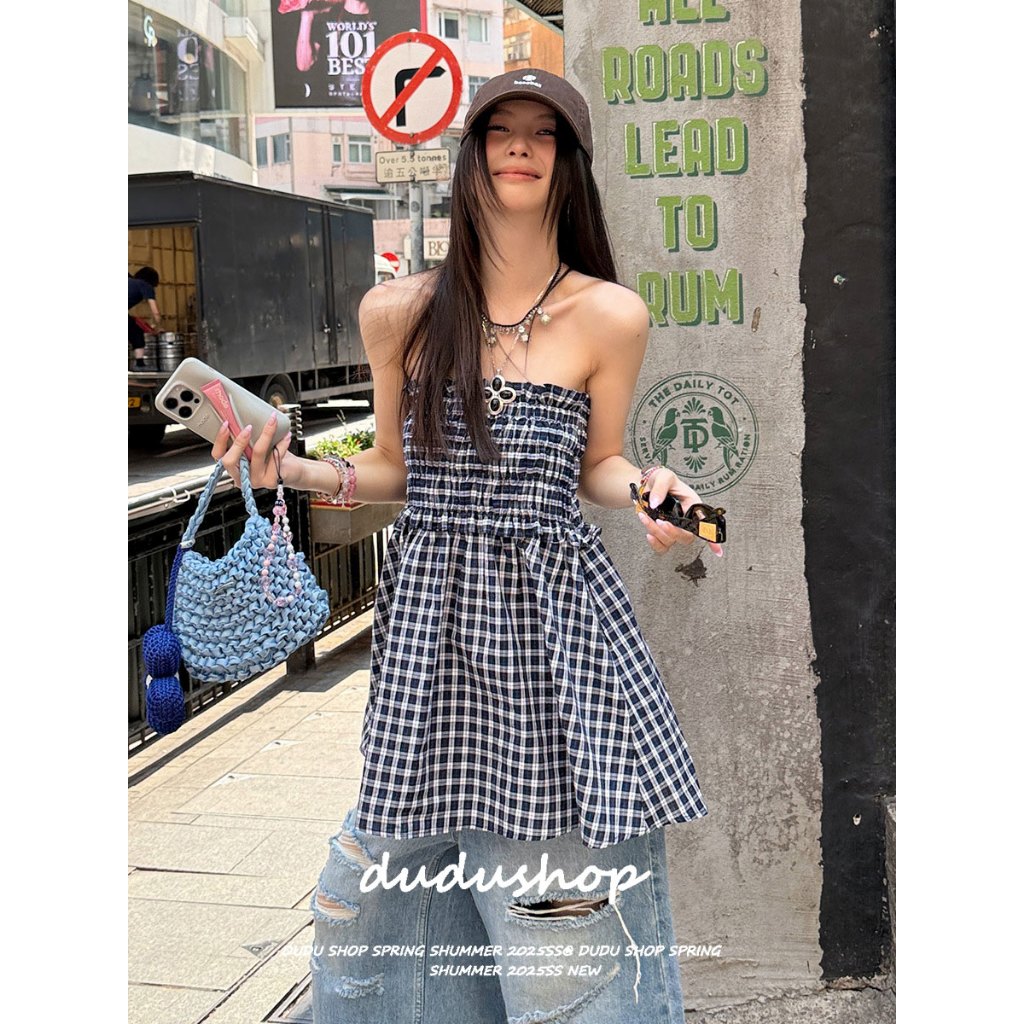 [Can be worn as a tube top]ออกแบบบุคลิกภาพกระโปรงลายสก็อตผู้หญิง 2025 ฤดูร้อนสบายๆ ใหม่สีตัดกัน กระโปรงทรงเอ