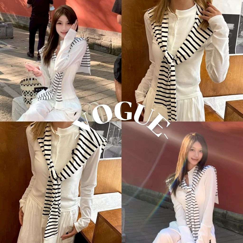 Vogue🌟พร้อมส่ง🌟 เสื้อยืดไหมพรม แขนยาว แถมผ้าผูกลายทาง สไตล์เกาหลี (Z-XL37)