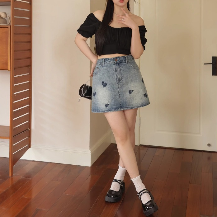 JIAQI  กระโปรงยีนส์  เอวสูงกระโปรงยีนส์สั้นเองสูง ปักหัวใจ กระโปรงสาวอวบ ทรงสวย ขนาด S-5XL[น้ำเงินมหาสมุทร] ราคา ถูกที่สุด ดีลบีเคเค แกลเลอรีภาพที่ 8
