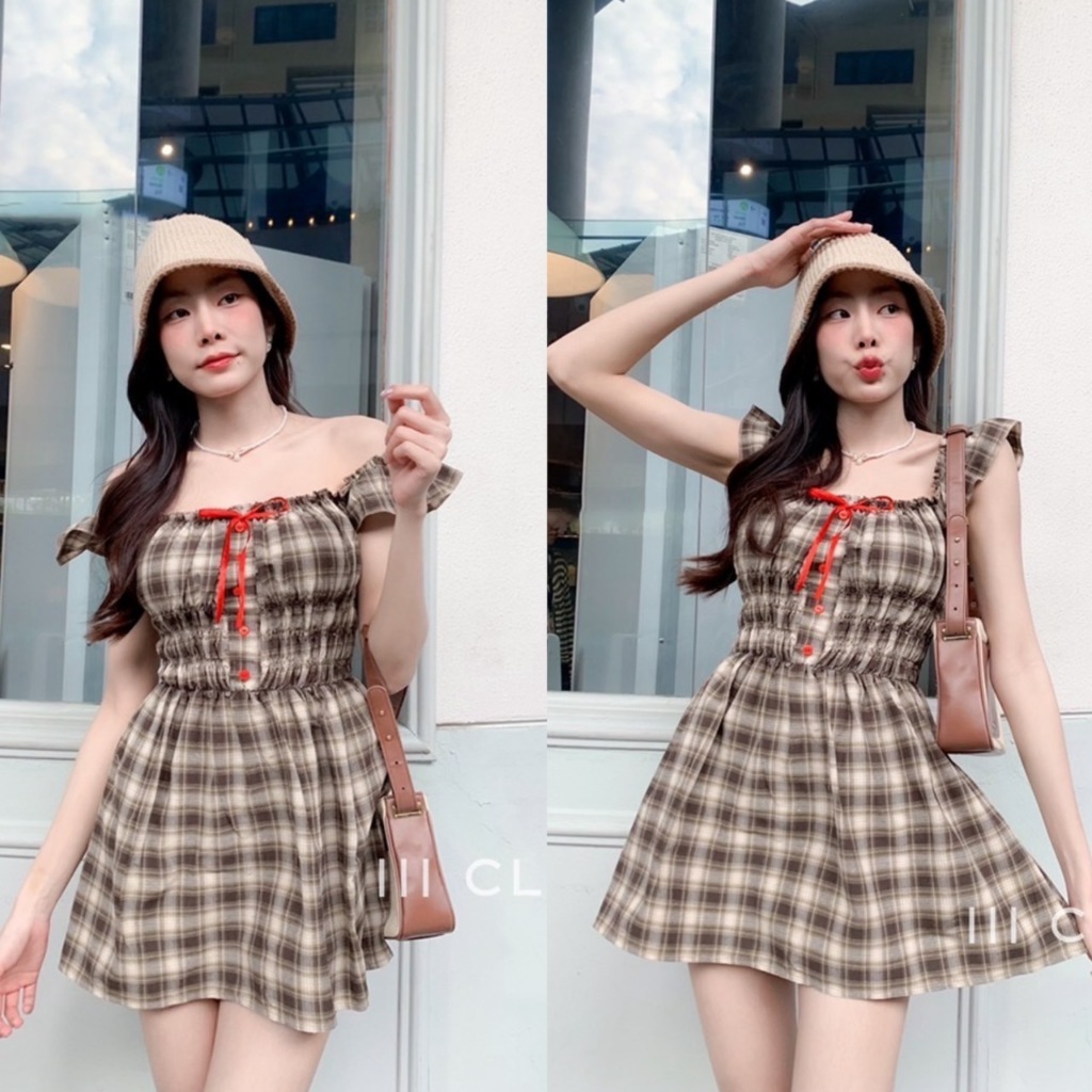 มินิเดรสสั้น lll Freesize lll BA086 ลายสก็อต เอวยางยืด แต่งโบว์กระดุมหน้า ผ้าคอตตอนทอ ใส่สบาย