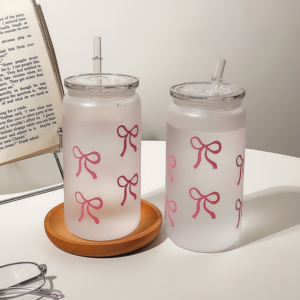 แก้วน้ำ รูปโบว์ ขนาด 500 ml พร้อมหลอด พร้อมส่งจากไทย