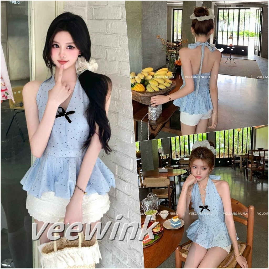 Veewink พร้อมส่งจากกทม เสื้อสายเดี่ยวล้องคอเกาหลี เสื้อแขนกุดคอวี ลายจุดสีฟ้าเซ็กซี่เบาๆ ใส่สบาย ใส่แล้วสวย