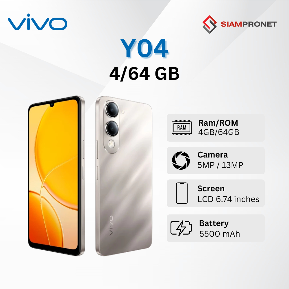 สมาร์ทโฟน VIVO Y04 (4+64GB) ขนาดหน้าจอ 6.7 นิ้ว แบตเตอรี่ 5500 mAh ของแท้ ประกันศูนย์ไทย