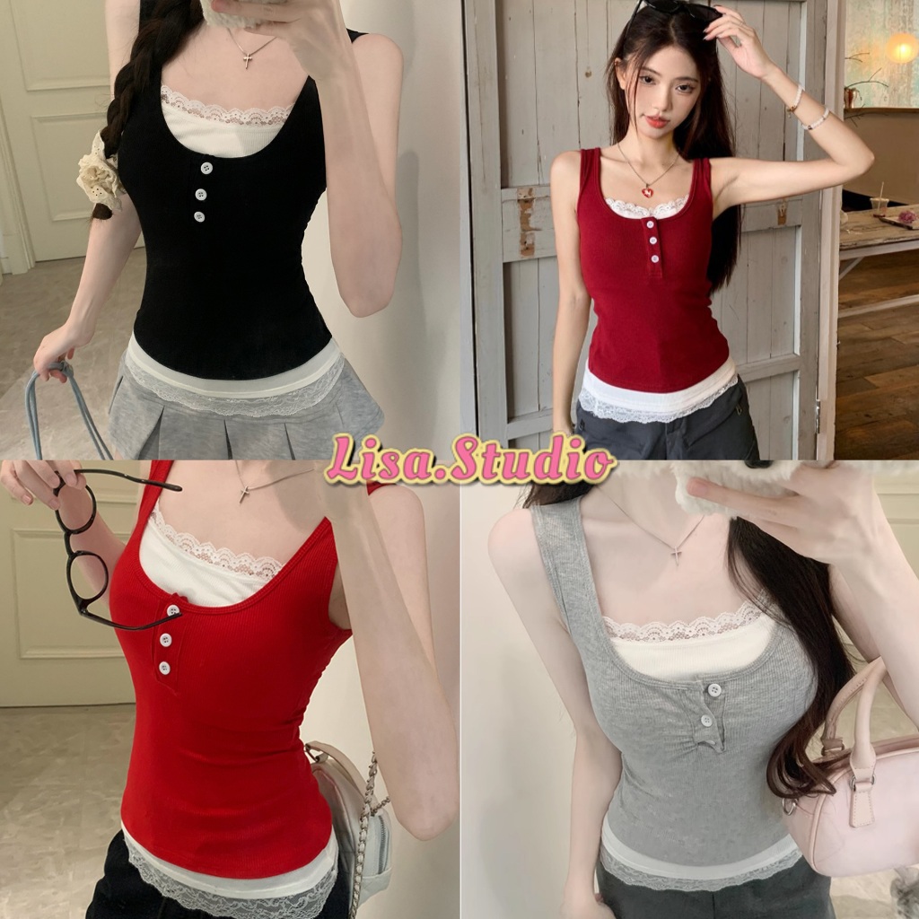 Lisaพร้อมส่ง💗ชุดเซ็ทy2k ชุด2ชิ้น ชุดเซ็ทลายเสื้อ เสื้อกล้ามแต่งลูกไม้+กระโปรงสั้น ชุดคุณหนู แฟชั่นสาวเกาหลี ชุดไปคาเฟ่