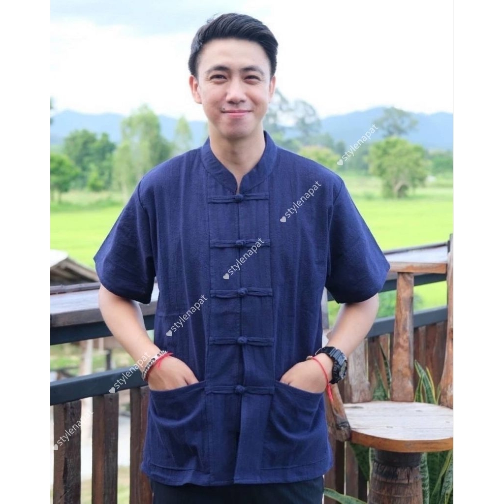 พร้อมส่ง เสื้อผ้าฝ้ายคอจีน กระดุมถัก อก40-50" ผู้ชาย รูปที่ 8