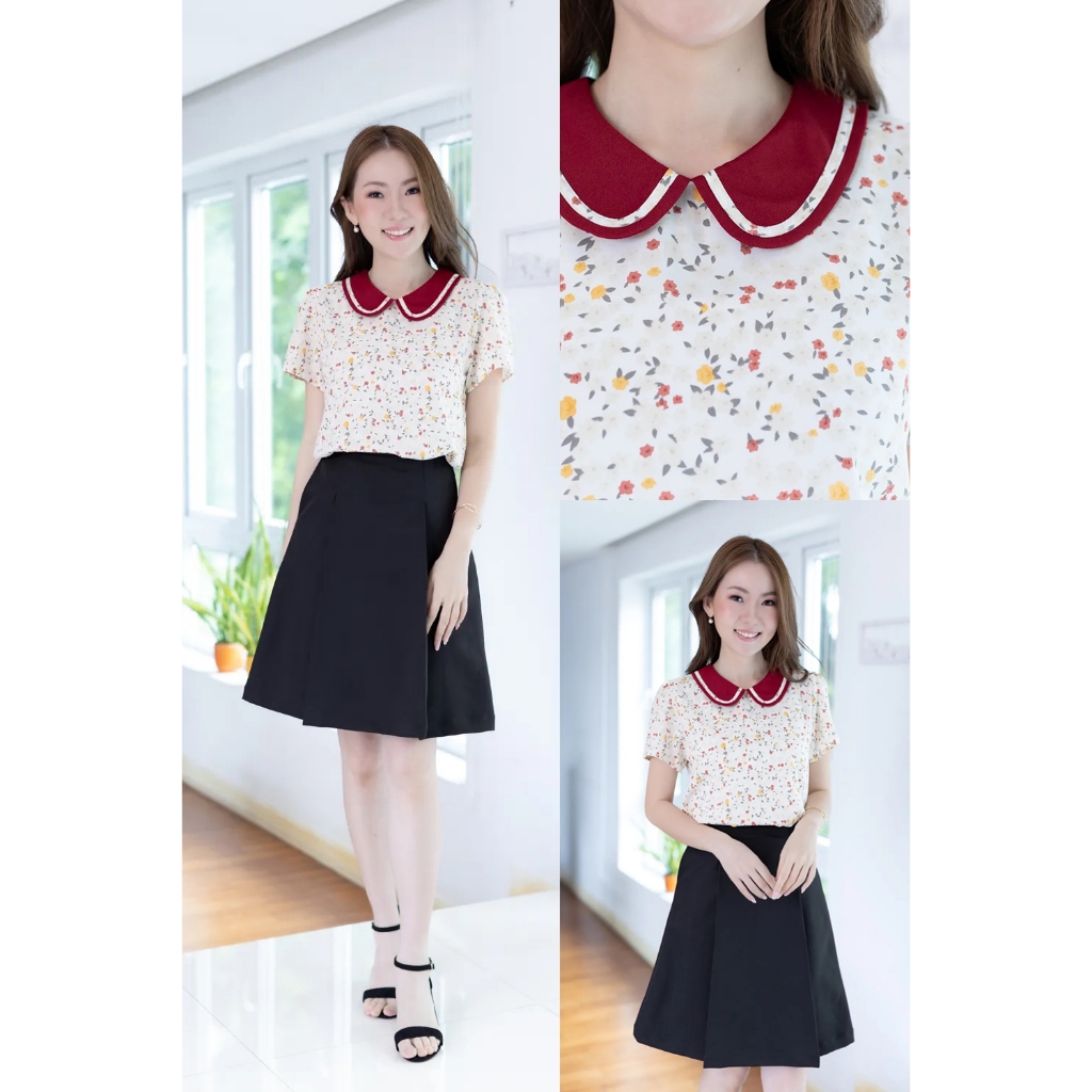Narinari : MT4101 Trimmed Peter Pan Collar Blouse เสื้อทำงานปกบัวผ้าพิมพ์ลาย ราคา ถูกที่สุด ดีลบีเคเค แกลเลอรีภาพที่ 3