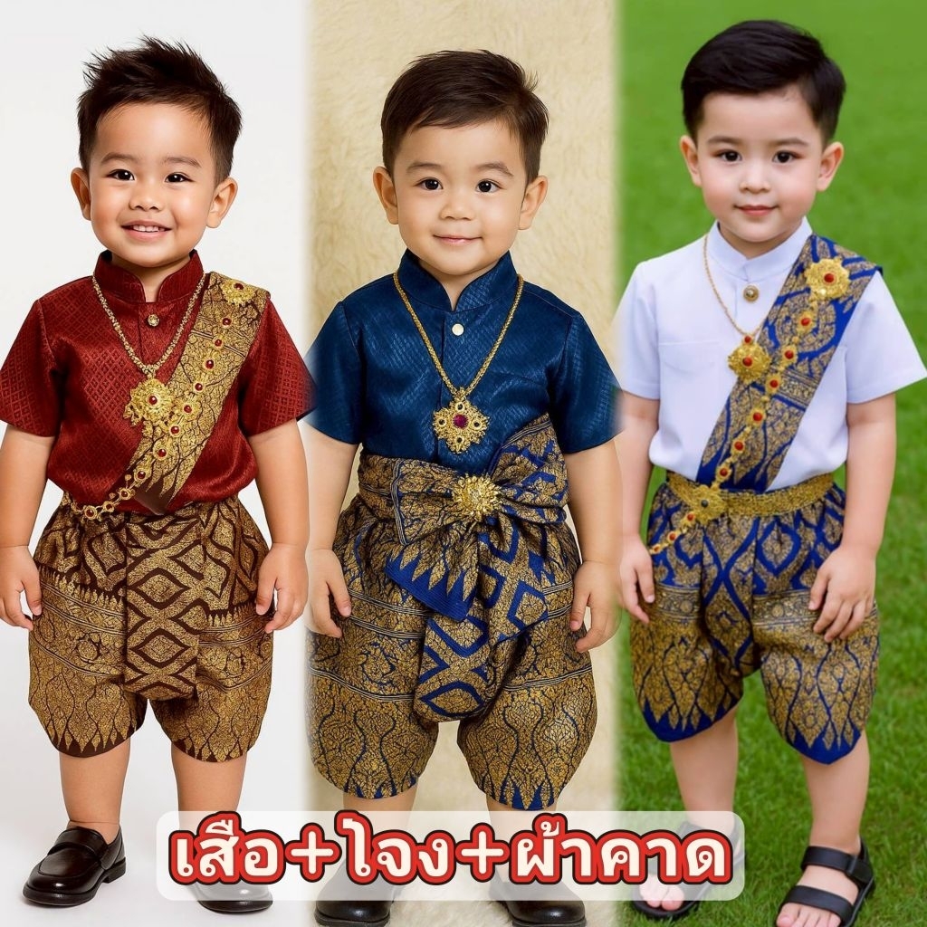 ชุดไทยเด็กชาย ราชประแตน ชุดไทยท่านขุน งาน 3ชิ้น เสื้อ+โจงกระเบน+ผ้าคาด  ไส่สบาย ไม่ร้อน  ชุดไทยออกงาน ทำกิจกรรมวันสำคัญ
