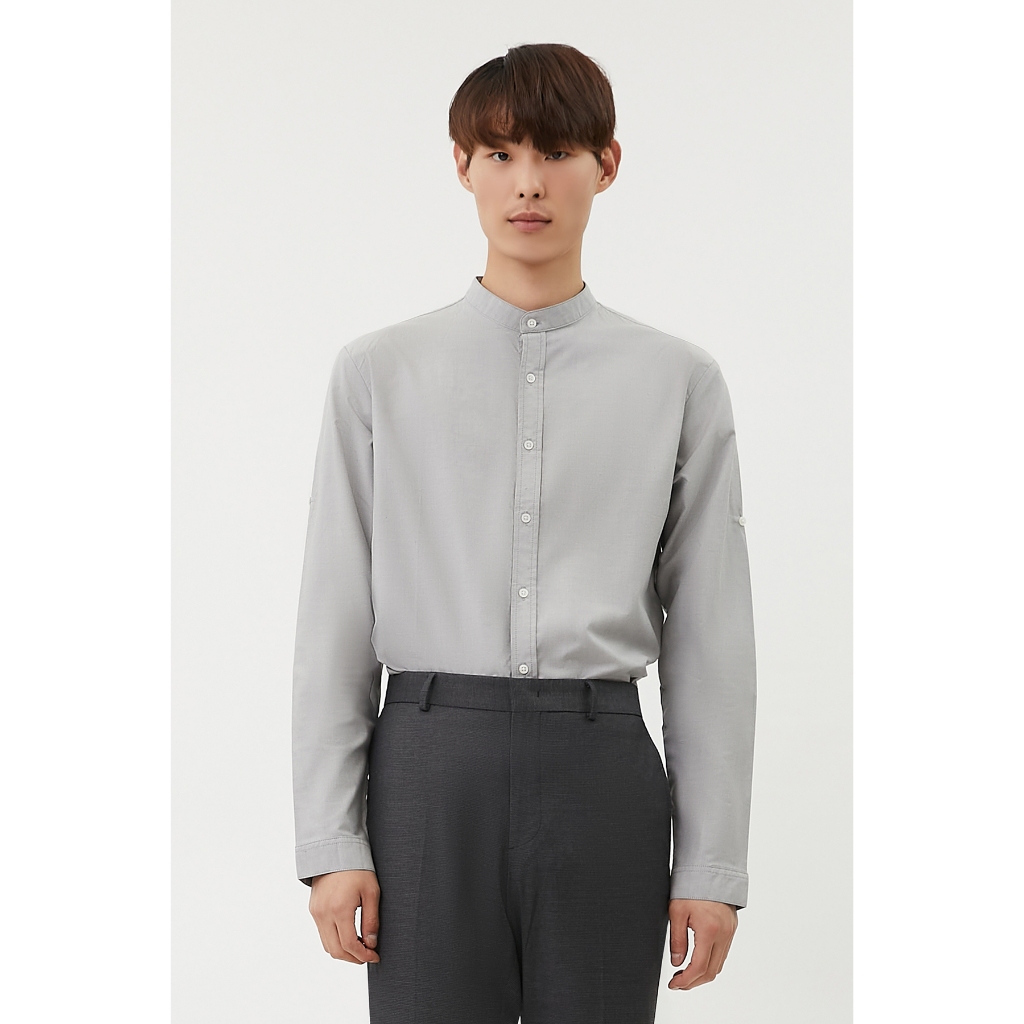 dapp uniform Men’s Grey stand collar oxford shirt เสื้อเชิ๊ตแขนยาว คอจีน สีเทา(TSLA1005DPS)