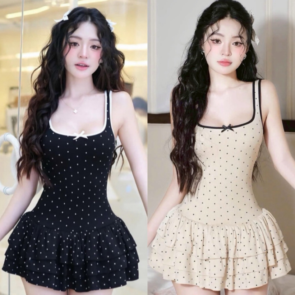 𝐌𝐀𝐘𝐔 พร้อมส่ง✨🪽มินิเดรสสั้นทรงกร้ามลายจุดแต่งโบว์ ผ้าใส่สบายสไตล์สาวเวียด🎐